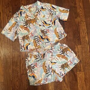 Cynthia Rowley Womens Pajamas L Short Set Tiger Jungle Print Button Sleepwear PJ